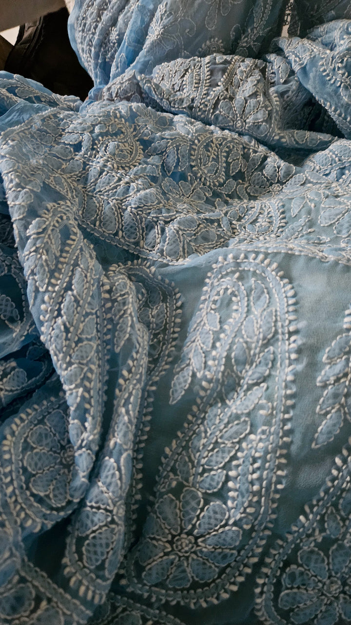 Baby blue hand embroidered chikankari saree by studio SY