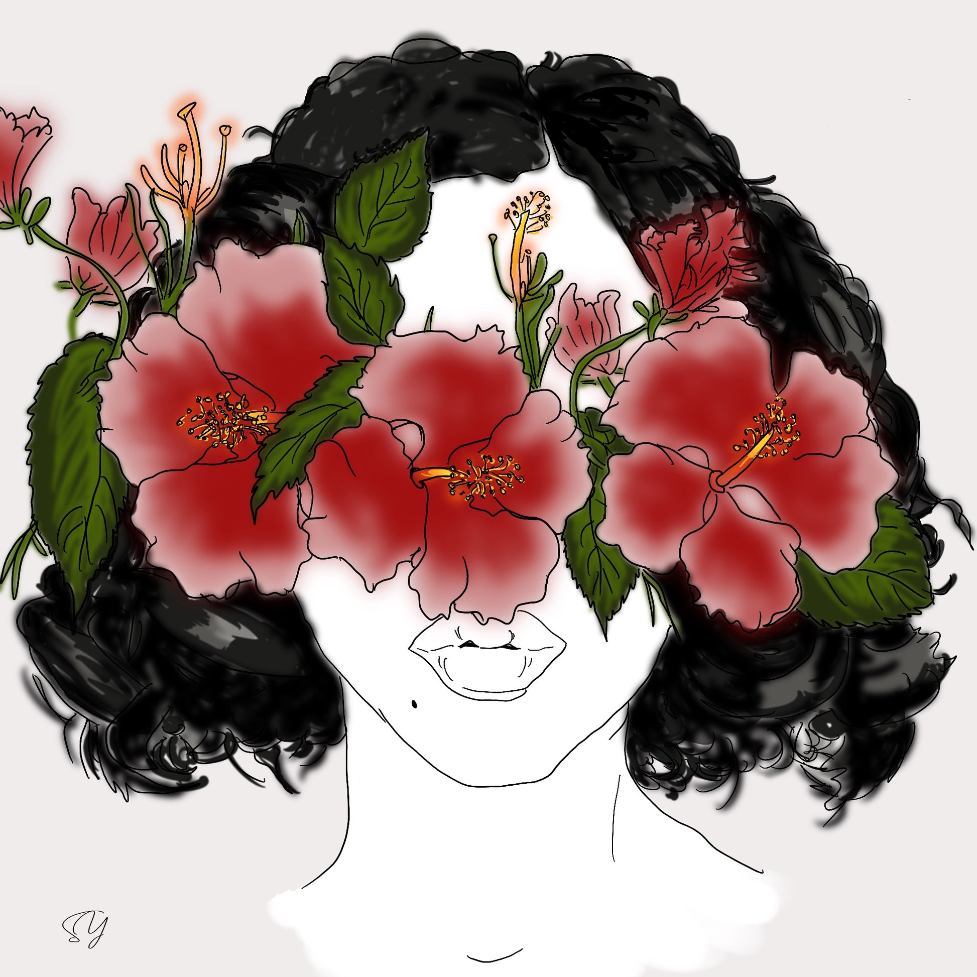 Digital art print of woman blindfolded with flowers