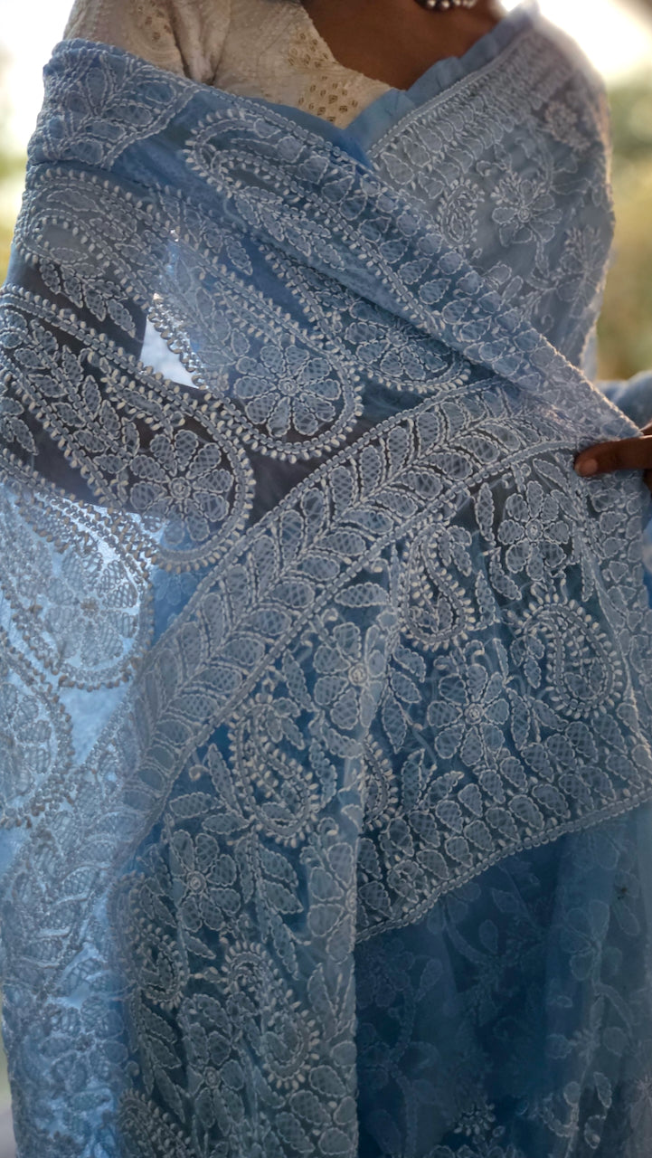 Baby blue hand embroidered chikankari saree by studio SY