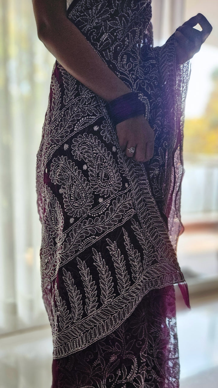 Deep royal purple hand embroidered chikankari saree by studio SY