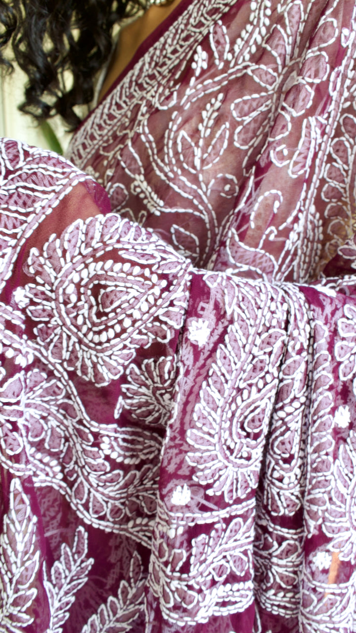 Deep royal purple hand embroidered chikankari saree by studio SY