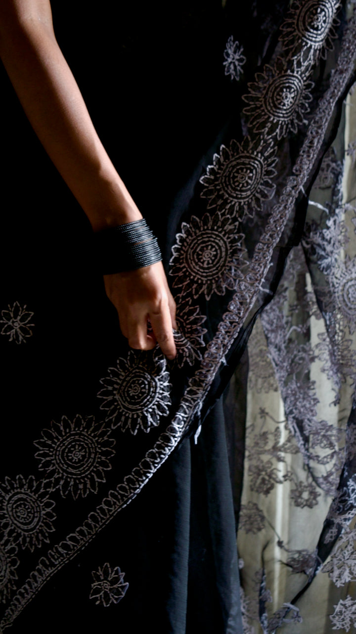 Midnight black hand embroidered chikankari saree by studio SY