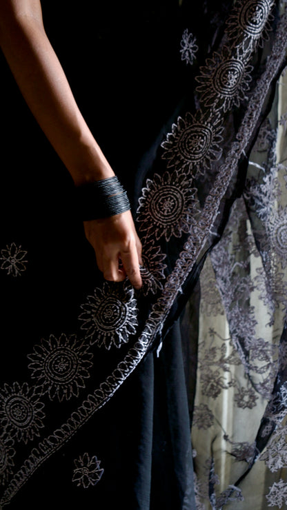 Midnight black hand embroidered chikankari saree by studio SY