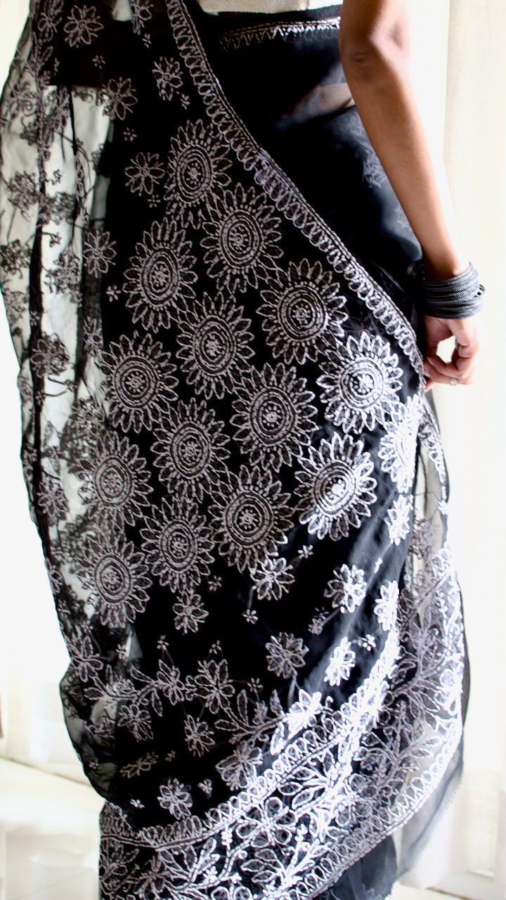 Midnight black hand embroidered chikankari saree by studio SY