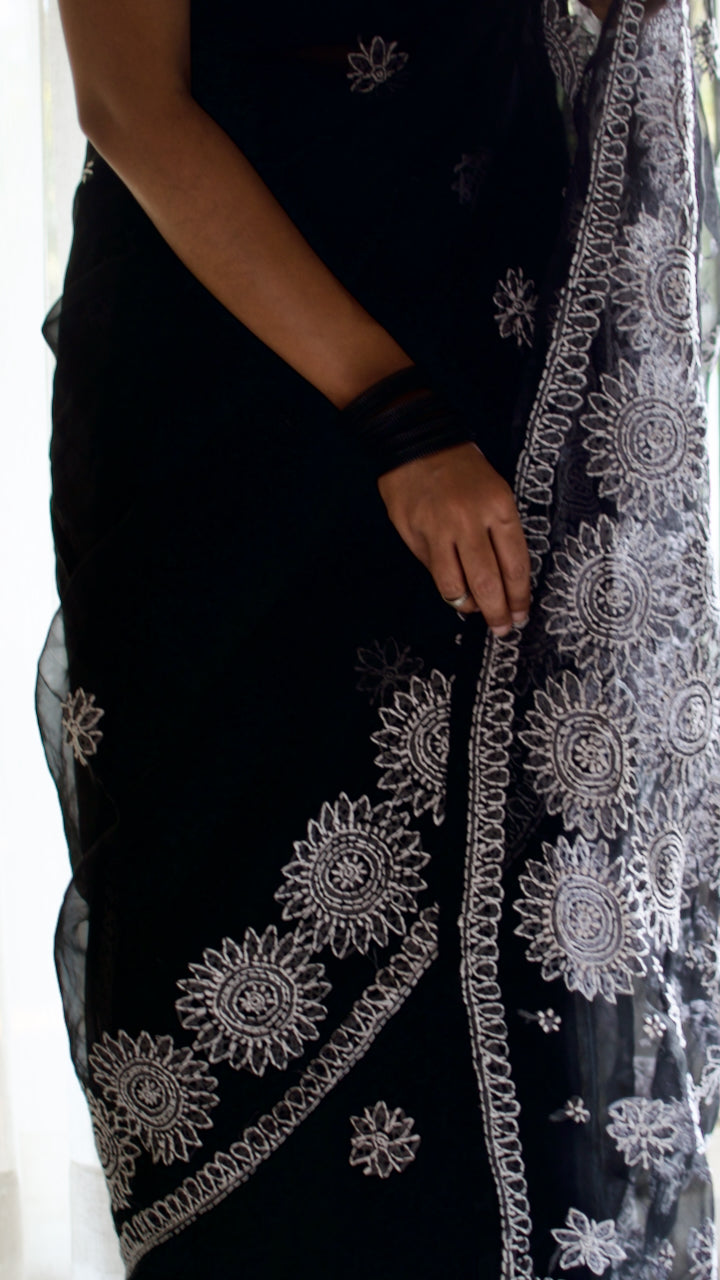 Midnight black hand embroidered chikankari saree by studio SY