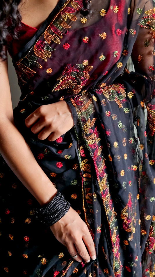 Deep black saree with multihued silk thread hand embroidered chikankari saree by studio SY