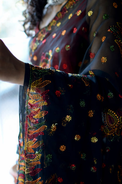 Deep black saree with multihued silk thread hand embroidered chikankari saree by studio SY