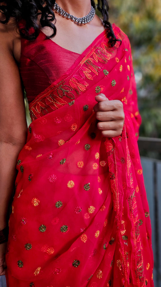 Tomato red saree with multihued silk thread hand embroidered chikankari saree by studio SY