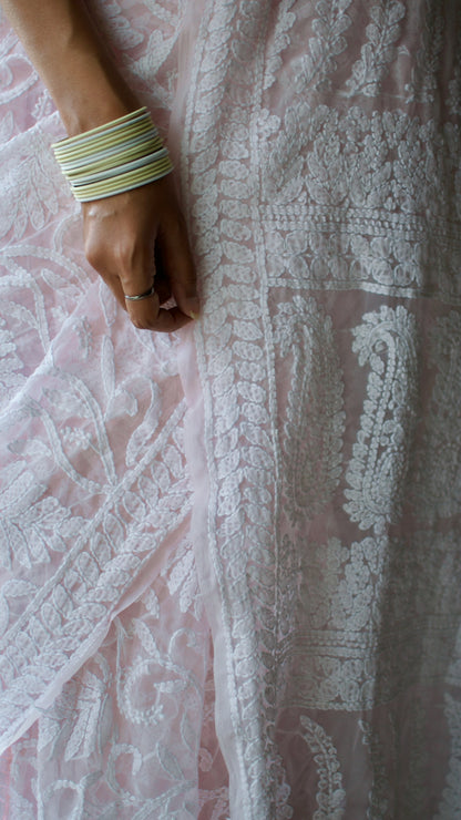 Blush pink hand embroidered chikankari saree by studio SY