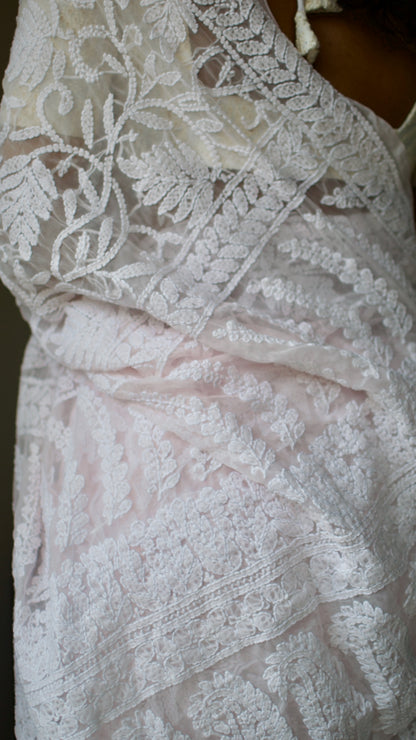 Blush pink hand embroidered chikankari saree by studio SY