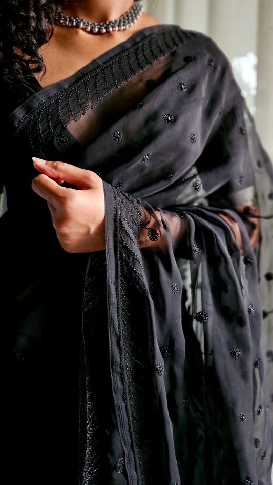 Black saree with black silk thread hand embroidered chikankari saree by studio SY
