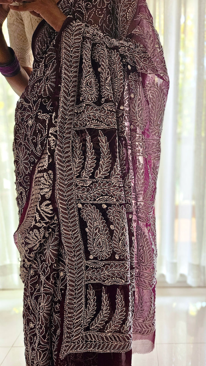 Deep royal purple hand embroidered chikankari saree by studio SY