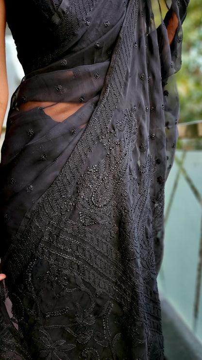 Black saree with black silk thread hand embroidered chikankari saree by studio SY