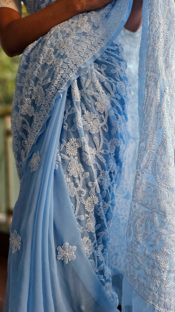 Baby blue hand embroidered chikankari saree by studio SY