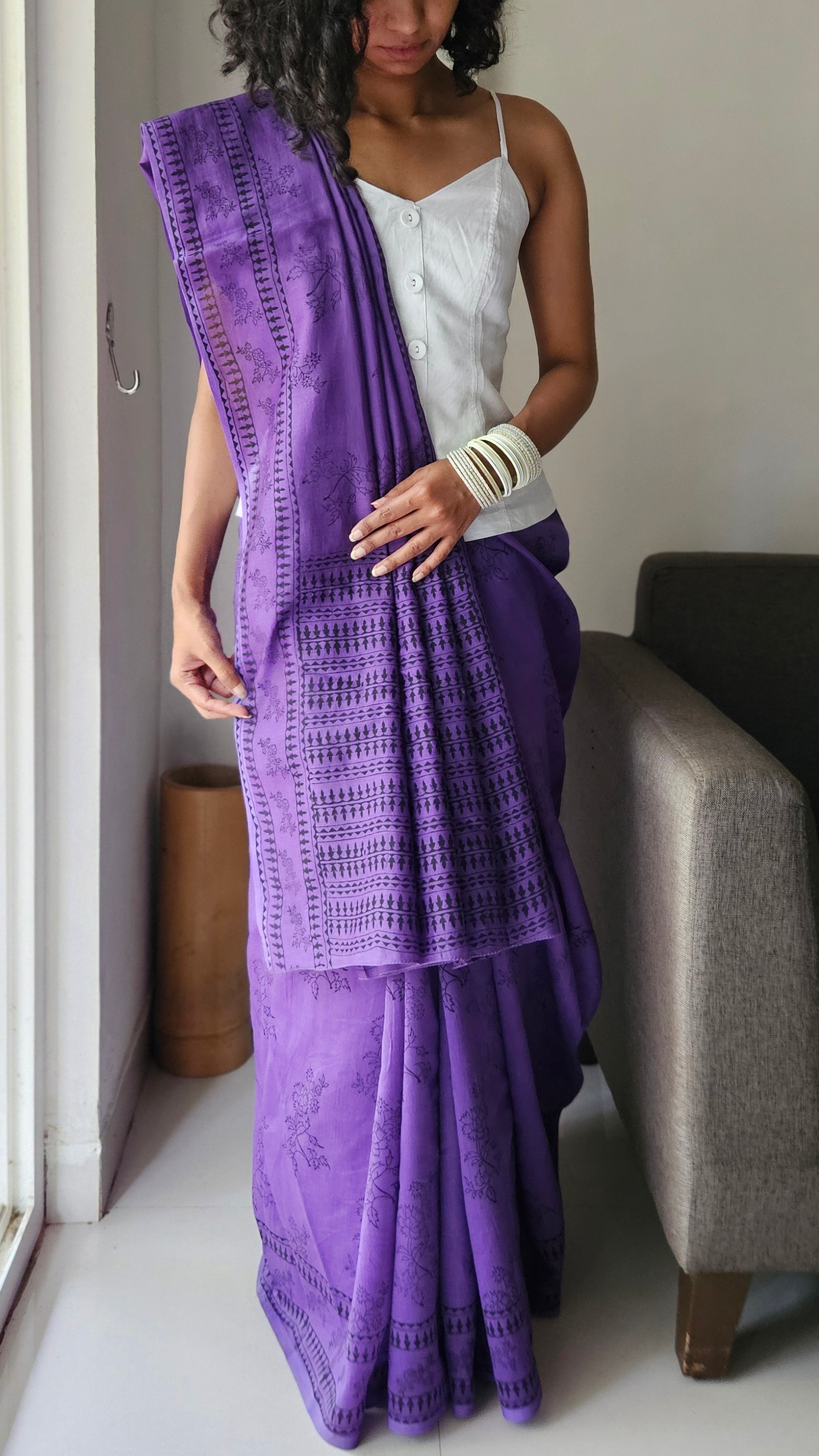 Purple chanderi saree with hand block printed floral art