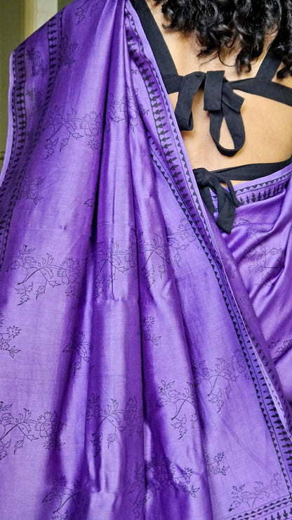 Purple chanderi saree with hand block printed floral art