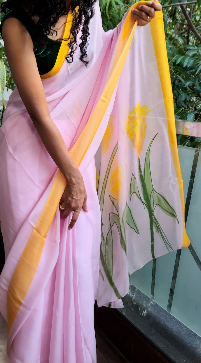 Soft lavender organza saree with honey yellow hand painted and printed floral art