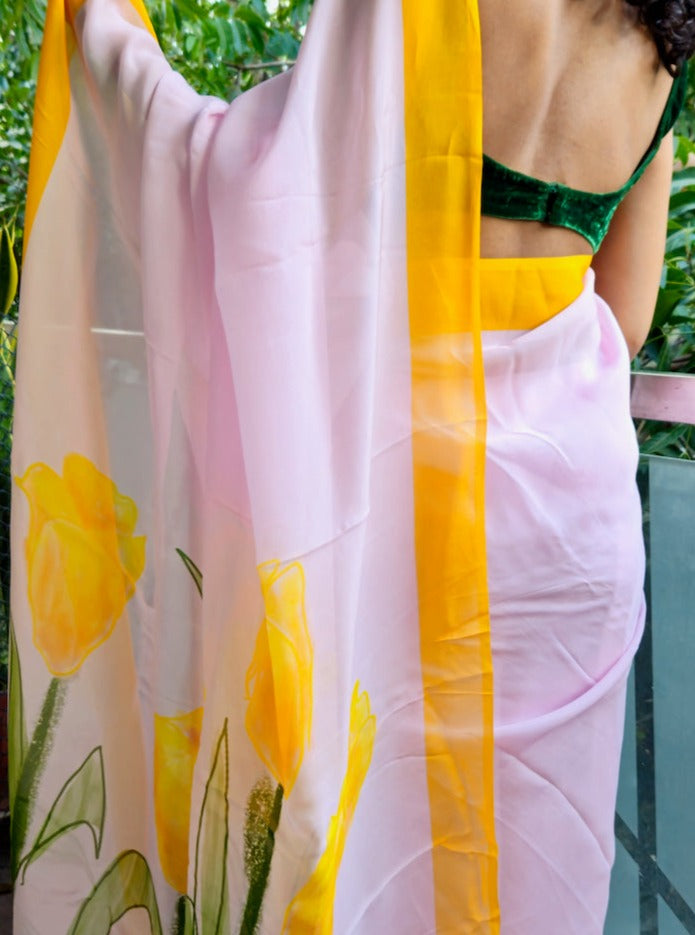 Soft lavender organza saree with honey yellow hand painted and printed floral art