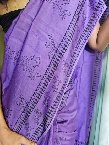 Purple chanderi saree with hand block printed floral art