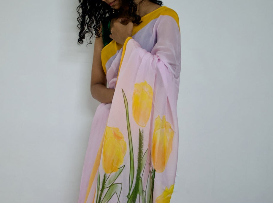 Soft lavender organza saree with honey yellow hand painted and printed floral art