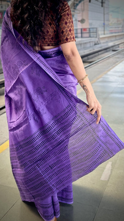 Handloom purple chanderi silk saree with hand block prints