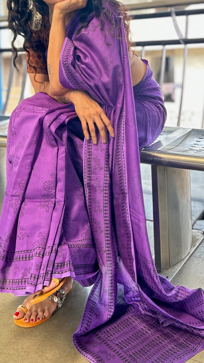 Handloom purple chanderi silk saree with hand block prints