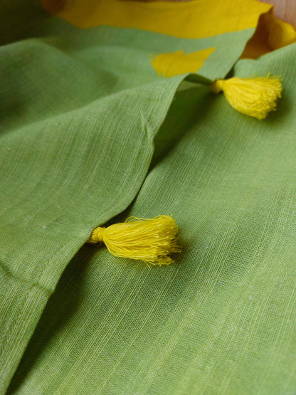Green linen handcrafted handloom saree with yellow butterfly motifs