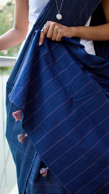 Cotton handcrafted, naturally dyed saree in deep blue colour with all over kantha weave work.