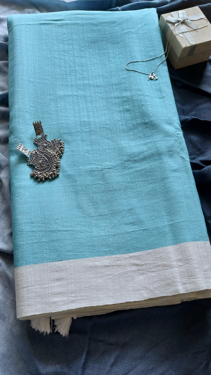 Linen Cotton handcrafted, naturally dyed running saree blouse in blue colour with white border.