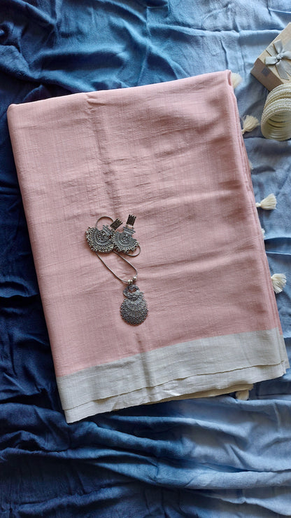 Linen Cotton handcrafted, naturally dyed running saree blouse piece in blush and cream colour.