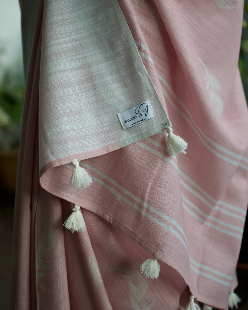 Linen Cotton handcrafted, naturally dyed saree in blush and cream colour.