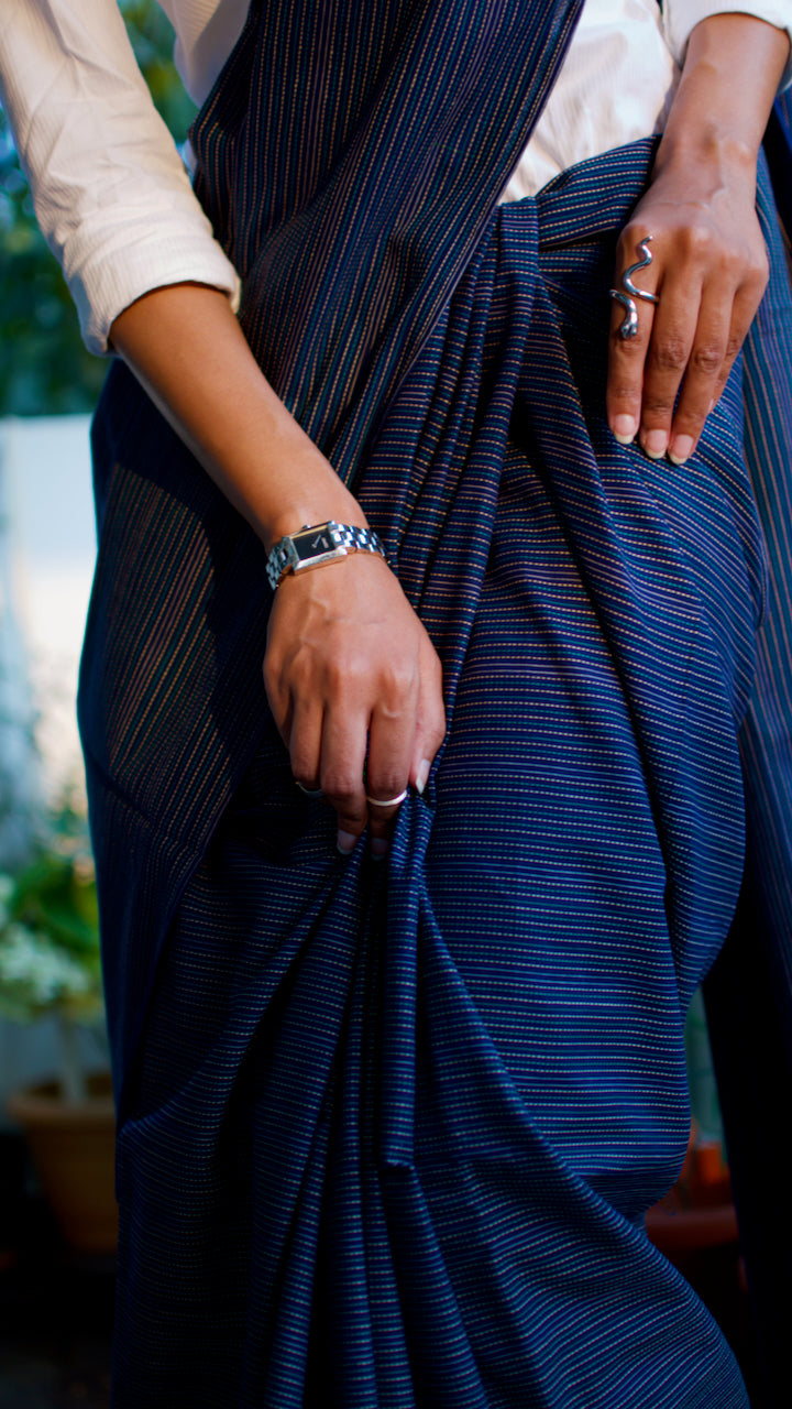 Cotton handcrafted, naturally dyed saree in deep blue colour with all over kantha weave work.