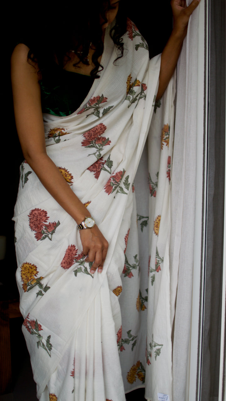 White colour jhilmil khadi cotton saree