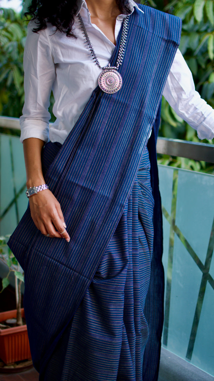 Cotton handcrafted, naturally dyed saree in deep blue colour with all over kantha weave work.